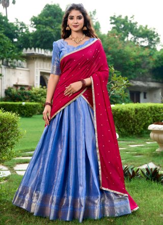 Blue Kanchipuram Silk Lehenga Choli with Weaving and Zari Work