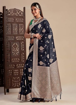 Blue Kanjivaram Silk Classic Sari with Woven Work for Engagement