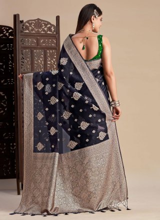 Blue Kanjivaram Silk Classic Sari with Woven Work for Engagement