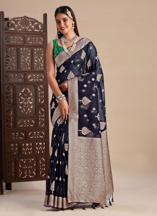 Blue Kanjivaram Silk Classic Sari with Woven Work for Engagement