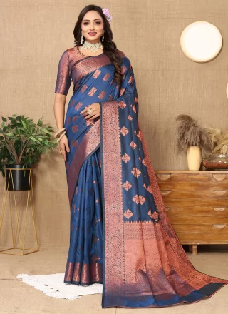 Buy White And Blue Banarasi Saree online-Karagiri