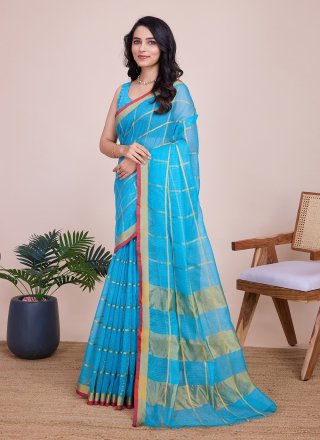 Blue Kota Doriya Weaving and Zari Work Casual Saree for Casual