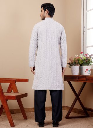Blue Linen Embroidered Work Kurta Pyjama for Men
