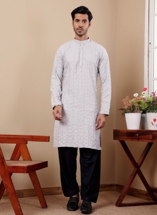 Blue Linen Embroidered Work Kurta Pyjama for Men
