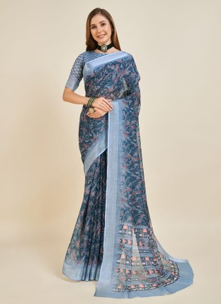 Blue Linen Print Work Casual Saree for Casual