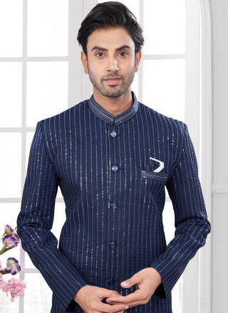 Blue Machine Embroidery and Thread Work Silk Indo Western
