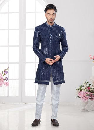 Blue Machine Embroidery and Thread Work Silk Indo Western