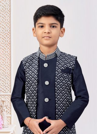 Blue Machine Embroidery, Stone and Thread Work Banarasi Silk Indo Western Sherwani