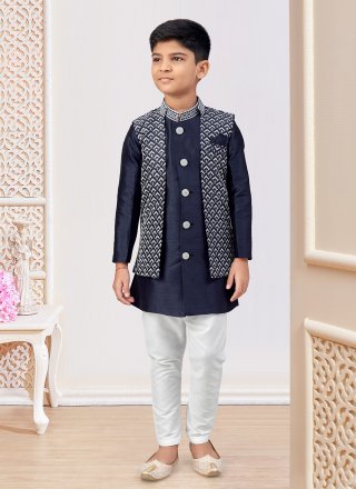 Blue Machine Embroidery, Stone and Thread Work Banarasi Silk Indo Western Sherwani