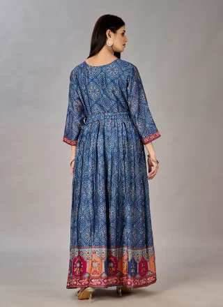 Blue Muslin Designer Gown with Digital Print, Embroidered and Sequins Work