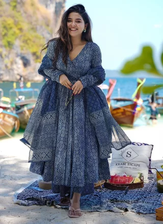 Blue Muslin Digital Print Work Salwar Suit for Ceremonial