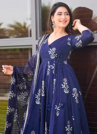 Blue Muslin Digital Print Work Trendy Suit for Women
