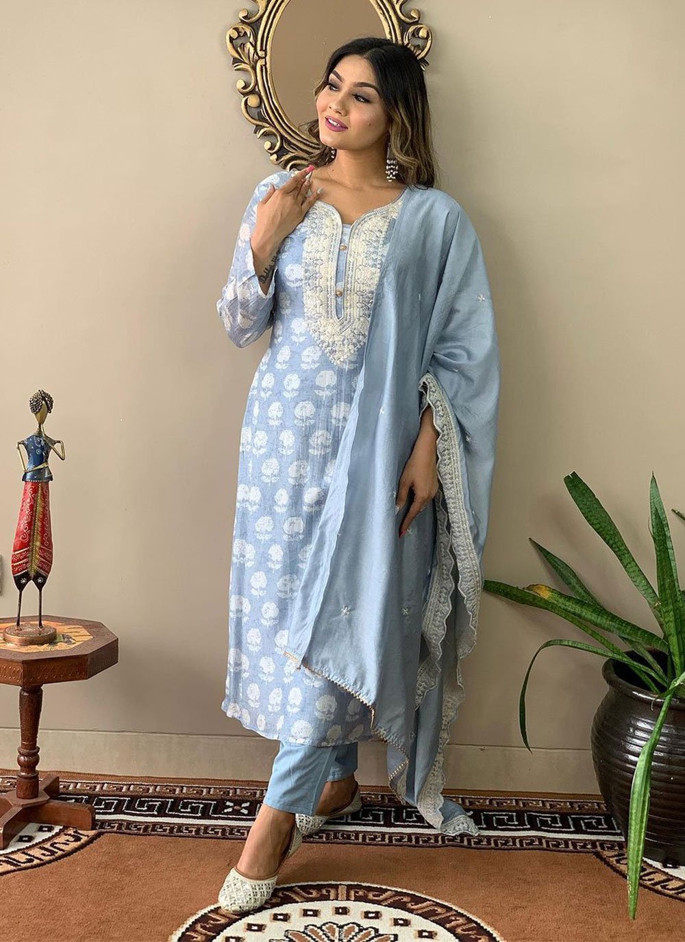 Buy Blue Muslin Embroidered and Print Work Salwar Suit for Women