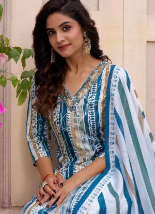 Blue Muslin Embroidered Work Salwar Suit for Women