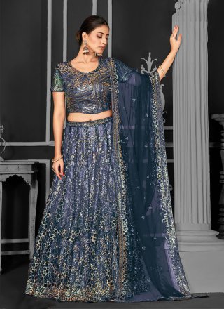 Blue Net Cord, Embroidered and Sequins Work Lehenga Choli