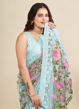 Blue Net Embroidered and Thread Work Trendy Saree for Ceremonial
