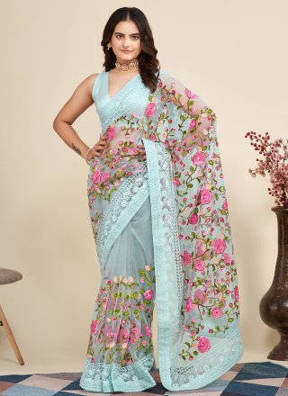 Blue Net Embroidered and Thread Work Trendy Saree for Ceremonial