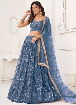 Blue Net Embroidered, Mirror, Sequins and Thread Work Lehenga Choli