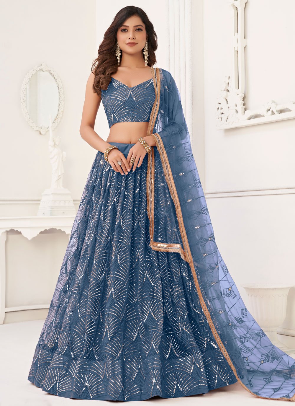 Buy Blue Viscose Georgette Embroidery V Neck Lehenga Set For Women by ASAL  by Abu Sandeep Online at Aza Fashions.