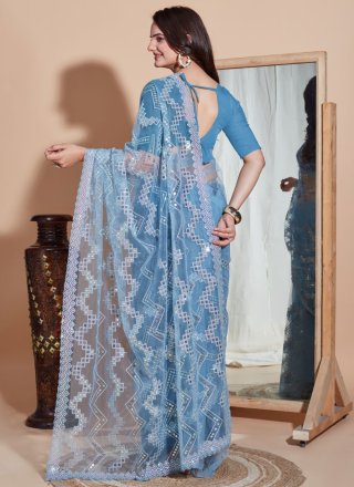 Blue Net Embroidered Work Classic Saree for Ceremonial