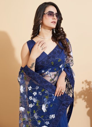 Blue Net Embroidered Work Trendy Saree for Women