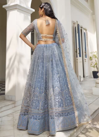 Blue Net Lehenga Choli with Embroidered, Sequins and Thread Work