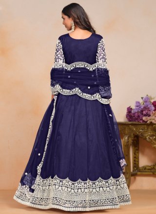 Blue Net Salwar Suit with Embroidered Work for Women