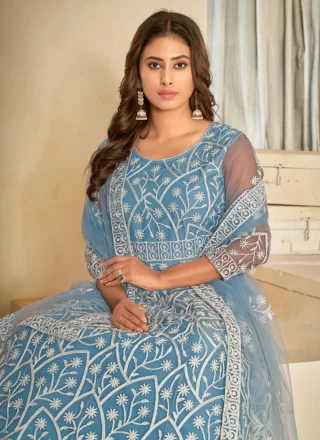 Blue Net Trendy Suit with Embroidered Work for Ceremonial