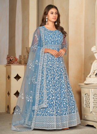 Blue Net Trendy Suit with Embroidered Work for Ceremonial