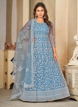 Blue Net Trendy Suit with Embroidered Work for Ceremonial