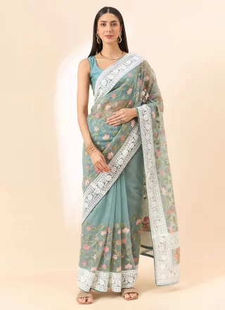 Blue Organza Embroidered and Floral Patch Work Classic Saree for Women