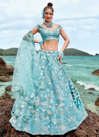 Turquoise Blue Floral Print And Embroidered Tiered Lehenga Set With Blouse  And Dupatta - Hijab Online