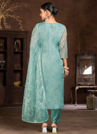Blue Organza Embroidered Work Pant Style Suit