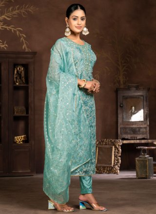 Blue Organza Embroidered Work Pant Style Suit