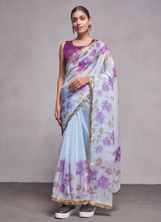 Blue Organza Print Work Trendy Saree for Casual