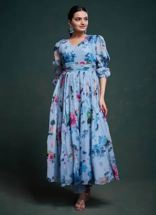Blue Organza Salwar Suit with Print Work for Women
