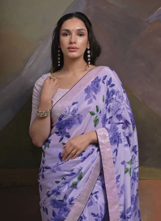 Blue Patch Border and Sequins Work Chinon Trendy Saree