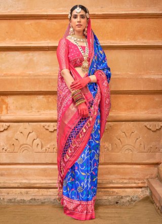 Blue Patola Silk Patola Print Work Classic Sari for Ceremonial