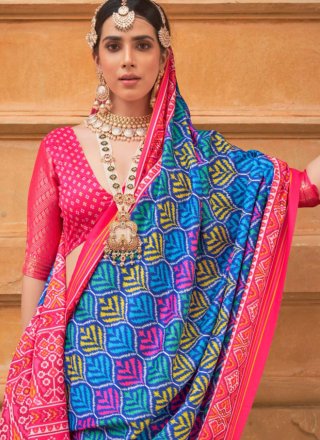 Blue Patola Silk Patola Print Work Classic Sari for Ceremonial