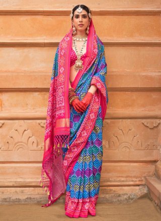 Blue Patola Silk Patola Print Work Classic Sari for Ceremonial