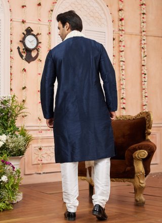 Blue Plain Work Art Silk Kurta Pyjama