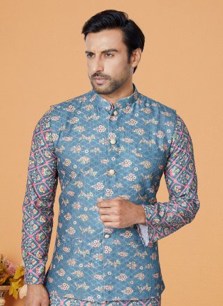 Blue Polyester Nehru Jackets with Print Work for Men