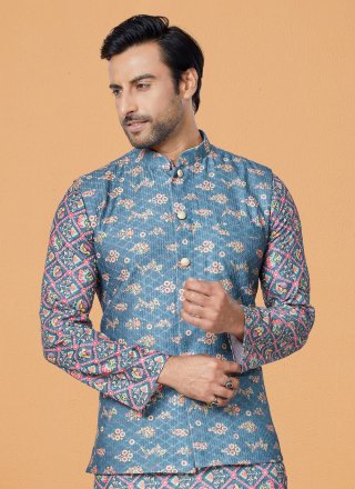 Blue Polyester Nehru Jackets with Print Work for Men