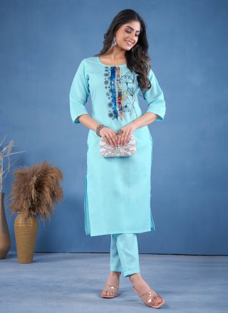 Blue Print Work Blended Cotton Designer Kurti