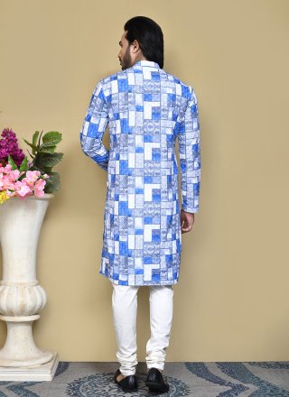 Blue Print Work Cotton Kurta Pyjama