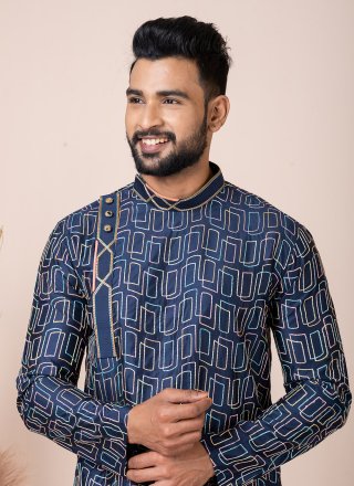 Blue Print Work Cotton Kurta Pyjama