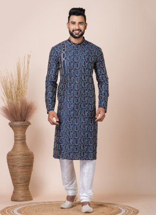 Blue Print Work Cotton Kurta Pyjama