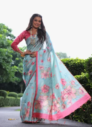 Blue Print Work Tussar Silk Trendy Saree