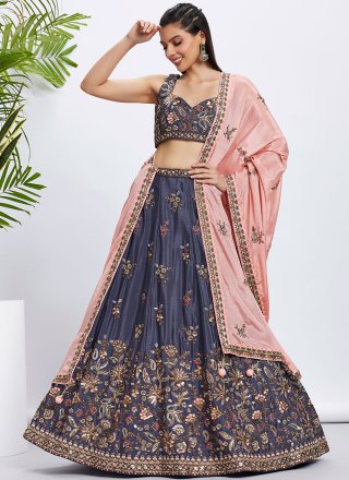 Blue Pure Chiffon Lehenga Choli with Embroidered, Sequins and Thread Work for Women