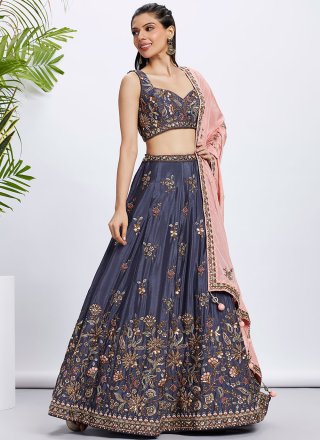 Blue Pure Chiffon Lehenga Choli with Embroidered, Sequins and Thread Work for Women